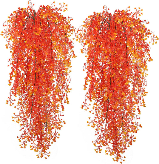 RECUTMS Fall Faux Hanging Plants 4 Pcs Artificial Fall Plants Large Faux Hanging Plant Autumn Fall Hanging Vines Wall Plants Thanksgiving Home Garden Wedding Party Indoor Outdoor Decor(Orange 4P)
