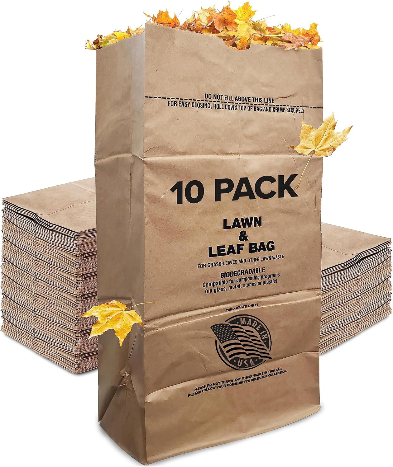 30 Gallon Kraft Lawn and Leaf Bags (10 Pack) Eco-Friendly Heavy Duty Large Paper Trash Bags, Made in the USA Tear Resistant Yard Waste Bags for Grass Clippings, Wet and Dry Leaves, Weeds, Twigs