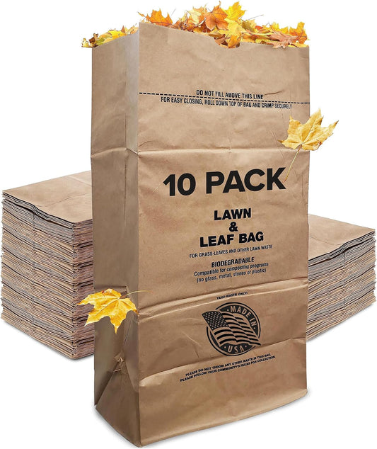 30 Gallon Kraft Lawn and Leaf Bags (10 Pack) Eco-Friendly Heavy Duty Large Paper Trash Bags, Made