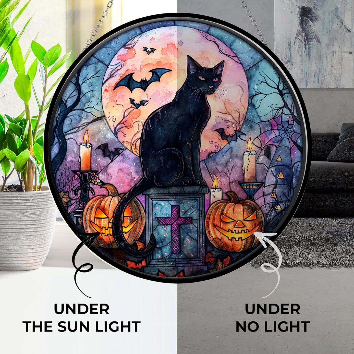 Bat Black Cat Suncatcher Indoor/Outdoor Stained Glass Window Hanging Handmade Stained Glass Suncatchers Decoration for Home Garden Christmas Party Wedding Housewarming Gifts