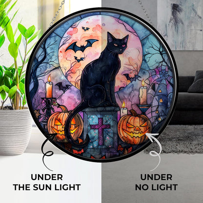 Bat Black Cat Suncatcher Indoor/Outdoor Stained Glass Window Hanging Handmade Stained Glass Suncatchers Decoration for Home Garden Christmas Party Wedding Housewarming Gifts