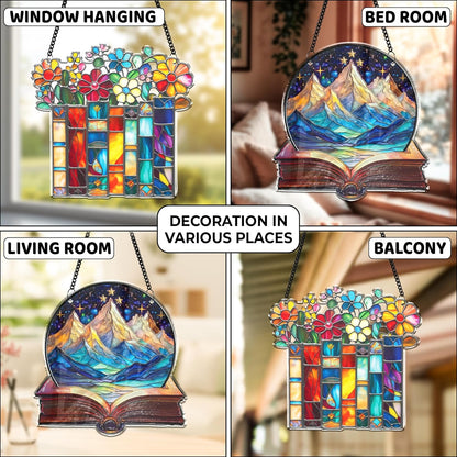 2 Book Floral Shelf Suncatchers Window Hanging Acrylic Ornaments Back to School Teacher Appreciation Gifts, Book Lover Gifts for Women Librarians Readers Bookshelf Decor for Home Library SS345