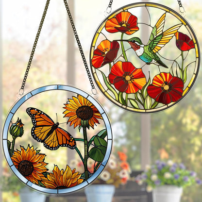 2 Hummingbird Butterfly Acrylic Suncatcher, Art Decor for Home, Suncatcher for Window Hanging Indoor, Garden, Housewarming, Gift for Mom, Grandma, Women, Friend, Bird Lover SCB-A6-B2