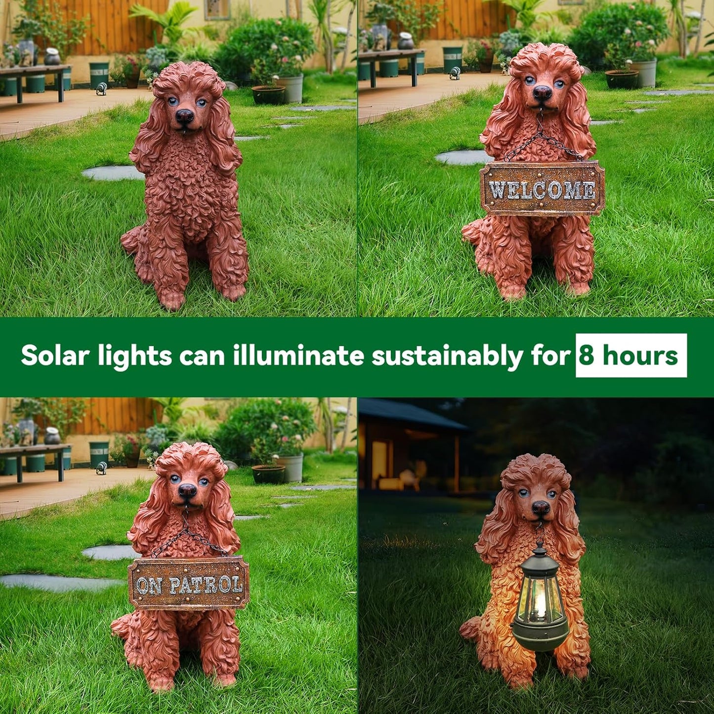 Poodle Outdoor Garden Statue with Double-Sided “Welcome/ON Patrol” Hanging Sign and Solar Lantern, Brown Sitting Dog for Porch, Path & Yard Décor