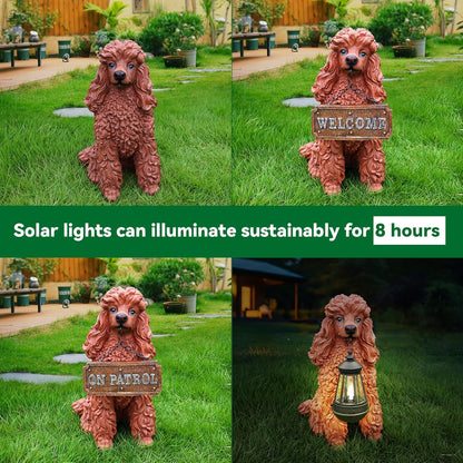Poodle Outdoor Garden Statue with Double-Sided “Welcome/ON Patrol” Hanging Sign and Solar Lantern, Brown Sitting Dog for Porch, Path & Yard Décor