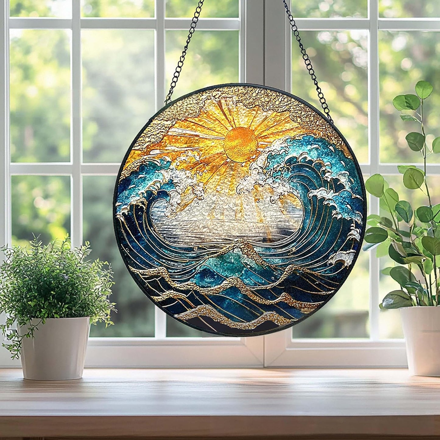 Ocean Wave Sunset Suncatcher Stained Glass Window Hanging - 10" Hand-Painted Sun Catcher Garden Hanging Decoration with Metal Chain Outdoor Garden Decor Gift for Women