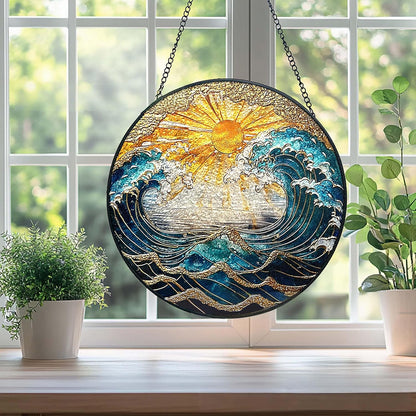 Ocean Wave Sunset Suncatcher Stained Glass Window Hanging - 10" Hand-Painted Sun Catcher Garden Hanging Decoration with Metal Chain Outdoor Garden Decor Gift for Women