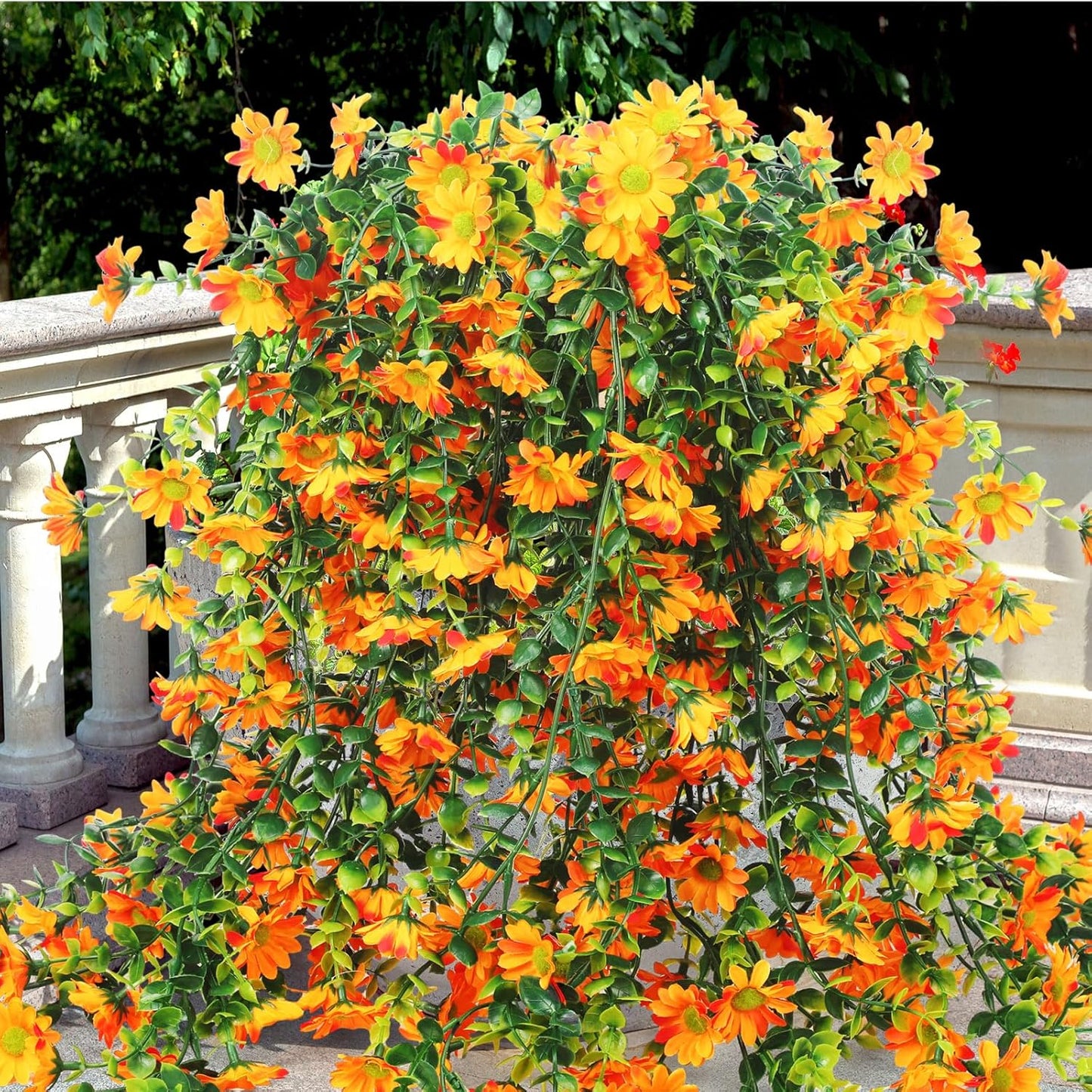 6 Pcs Artificial Fall Hanging Flowers Outdoor Silk Mum Plants Autumn Decor Faux Violet with Eucalyptus Realistic UV Resistant Trailing Vine Thanksgiving Porch Yard(Orange,Chamomile)
