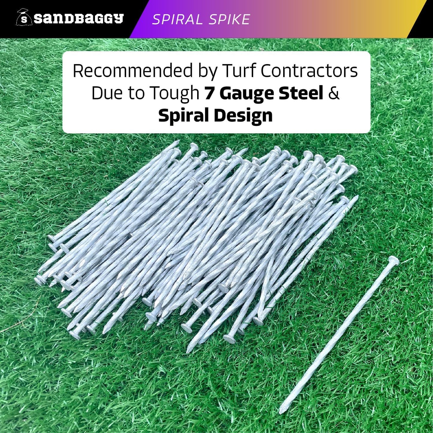Sandbaggy 6 Inch Galvanized Artificial Turf Stakes - Spiral Landscape Nails - Ground Spikes/Pins for Synthetic Grass, Lawn, Edging, Weed Barrier Fabric, Garden (Steel (7 Gauge), 1500)
