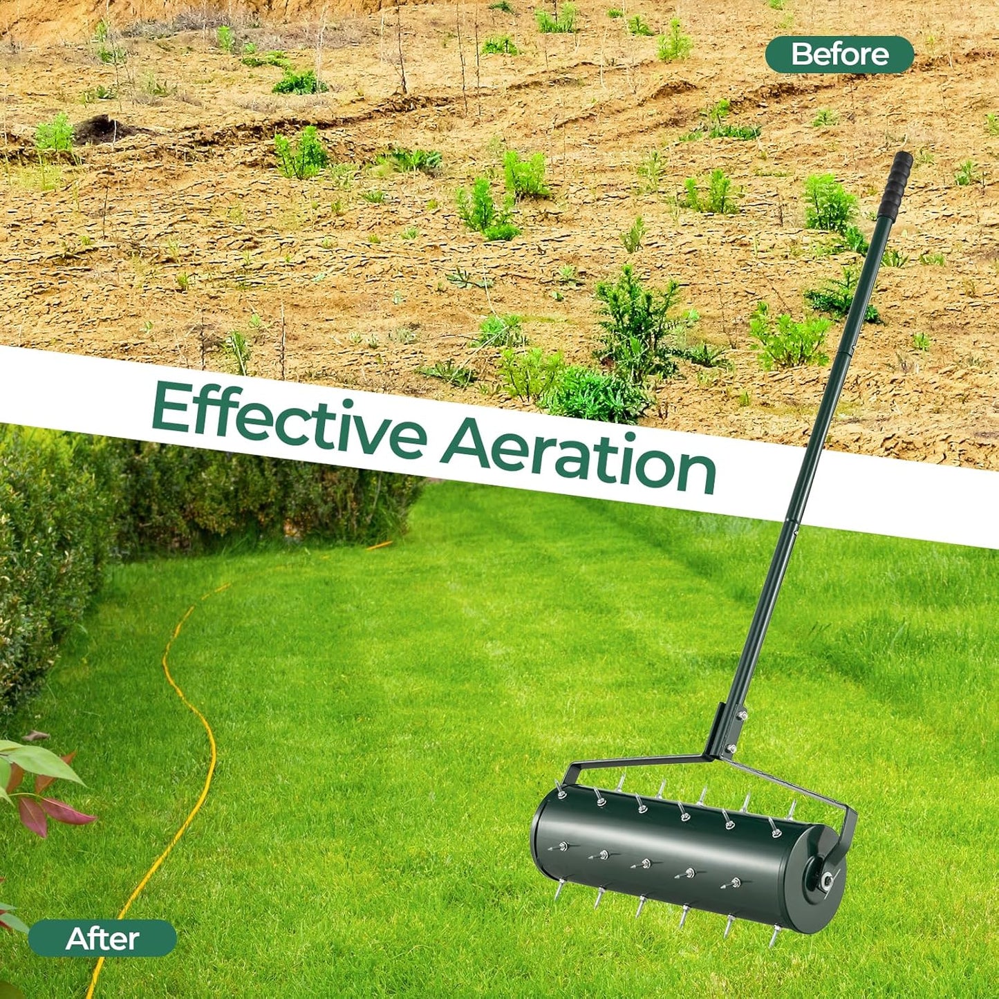 S AFSTAR 21" Manual Lawn Aerator, Heavy Duty Rolling Aerator Lawn Tool Filled Sand Stone with 51" Detachable Handle & Tine Spikes for Soil Loosening, Push Grass Aeration for Garden Yard