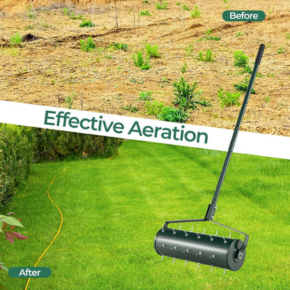 S AFSTAR 21" Manual Lawn Aerator, Heavy Duty Rolling Aerator Lawn Tool Filled Sand Stone with 51" Detachable Handle & Tine Spikes for Soil Loosening, Push Grass Aeration for Garden Yard