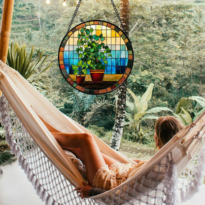 Stained Glass Window Hanging Green Potted Plants Large 11.8" - Suncatcher Door Garden Sun Catcher Retro Home Decor Birthday Christmas for Mom Men Woman Nana Friend