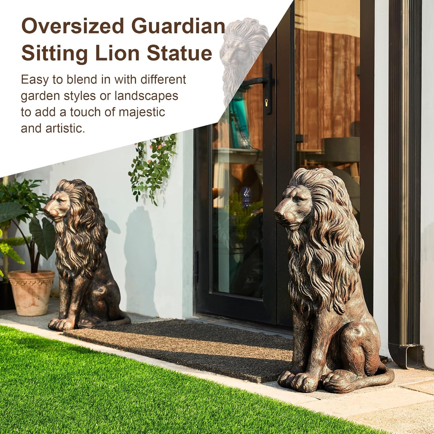 Glitzhome Guardian Sitting Lion Garden Statue MGO Outdoor Decoration, 27.75" H, Bronze