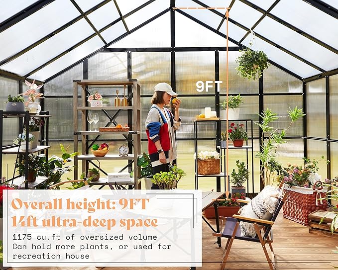 AMERLIFE 12x13.5x9 FT Polycarbonate Greenhouse with Quick Connector Fast Assembly, Large Greenhouses for Outdoors, Swing 2 Doors 4 Vents , Black