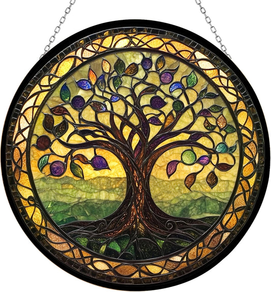 Tree of Life Stained Glass Sun Catcher, Wall Hanging Colored Decor Room Indoor Window Decor, Halloween, Christmas Hanging Ornament Mother Day