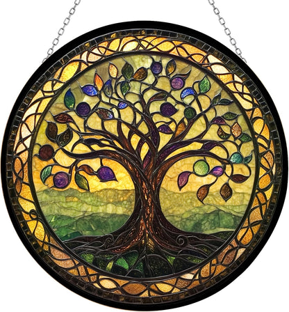 Tree of Life Suncatcher Stained Glass Window Hanging Handmade Stained Glass Suncatchers Metal Chain Outdoor Garden Decor Gift for Women Christmas Thanksgiving (12”x12”)