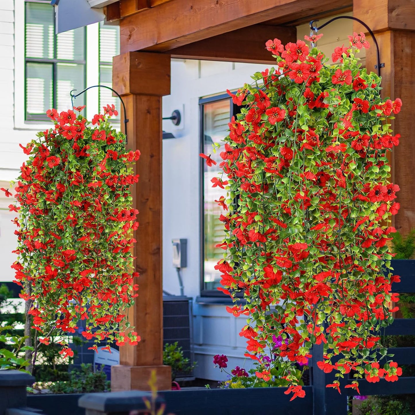 6 Pcs Artificial Fall Hanging Flowers Outdoor Silk Mum Plants Autumn Decor Faux Violet with Eucalyptus Realistic UV Resistant Trailing Vine Thanksgiving Porch Yard(Red,Violet)