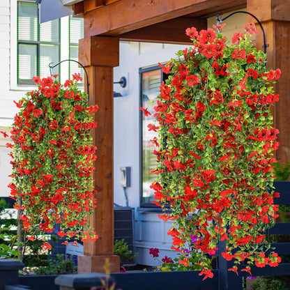 6 Pcs Artificial Fall Hanging Flowers Outdoor Silk Mum Plants Autumn Decor Faux Violet with Eucalyptus Realistic UV Resistant Trailing Vine Thanksgiving Porch Yard(Red,Violet)