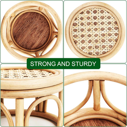 Set of 2 Small Boho Rattan Wicker Round Riser Plant Stand Indoor,Rustic Farmhouse Natural Wooden Circle Pedestal for Decor & Display, Tabletop, Office Decor