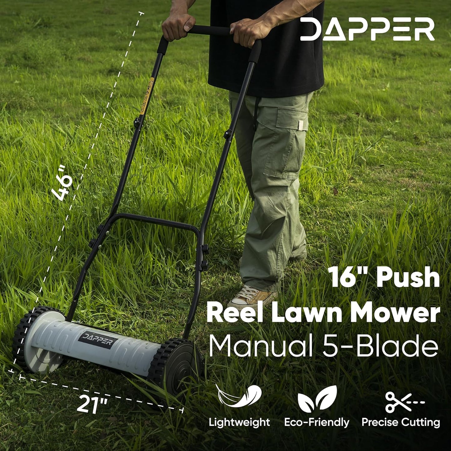 16" Push Reel Lawn Mower – Manual 5-Blade Hand Mower with Adjustable 3-Position Cutting Height (0.5"–1.75") – Lightweight, Eco-Friendly, Steel Blades – 2-Year Warranty