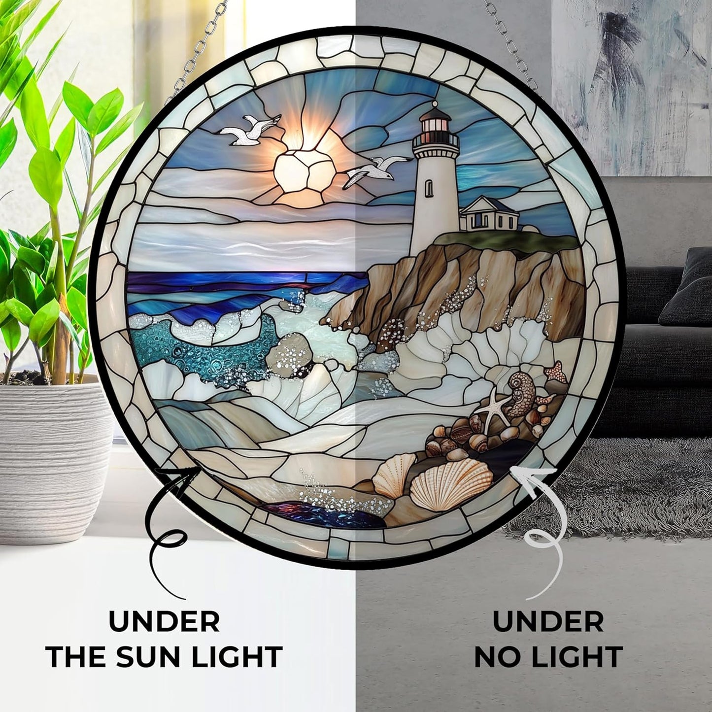 Customized Coastal Lighthouse Stained Glass Window Hanging, Suncatcher with Name, Christmas Halloween