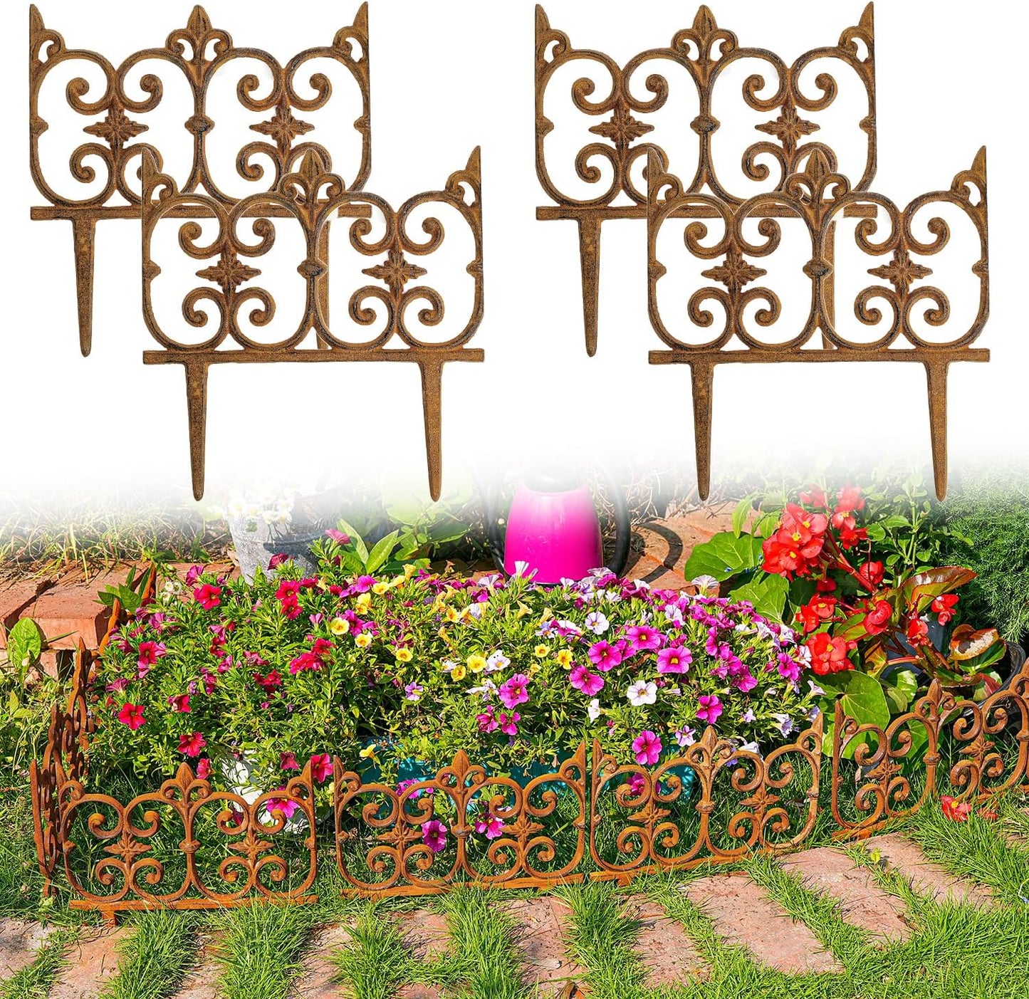 Sungmor Decorative Cast Iron Garden Edging, 4 Pack Full Rusted Victorian Garden Edging Landscape Border, Vintage Metal Yard Stake Low Picket Fence, 10.6" Tall Outdoor Flower Bed Lawn Fence Panels