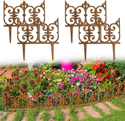 Sungmor Decorative Cast Iron Garden Edging, 4 Pack Full Rusted Victorian Garden Edging Landscape Border, Vintage Metal Yard Stake Low Picket Fence, 10.6" Tall Outdoor Flower Bed Lawn Fence Panels