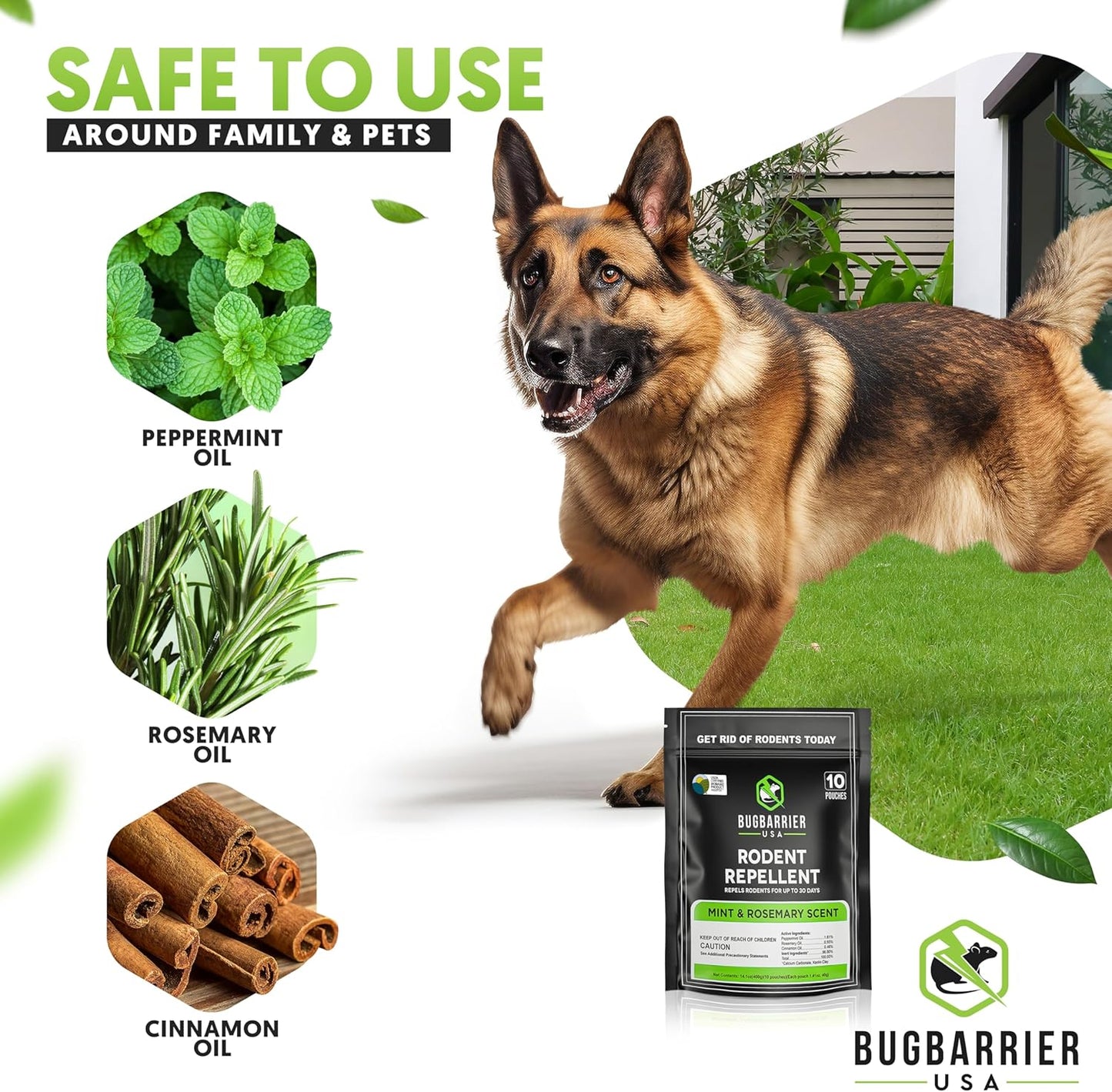 BugBarrier's Extra-Strength Mouse Repellent Deterrent Pouches, USDA 99% Biobased, Peppermint & Rosemary Oils Repel Mice Nesting in Car, RV, Boat, Garage, Shed, Cabin Made in The USA (Pack of 10)
