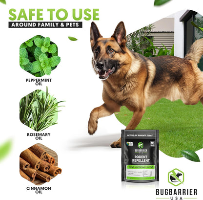 BugBarrier's Extra-Strength Mouse Repellent Deterrent Pouches, USDA 99% Biobased, Peppermint & Rosemary Oils Repel Mice Nesting in Car, RV, Boat, Garage, Shed, Cabin Made in The USA (Pack of 10)