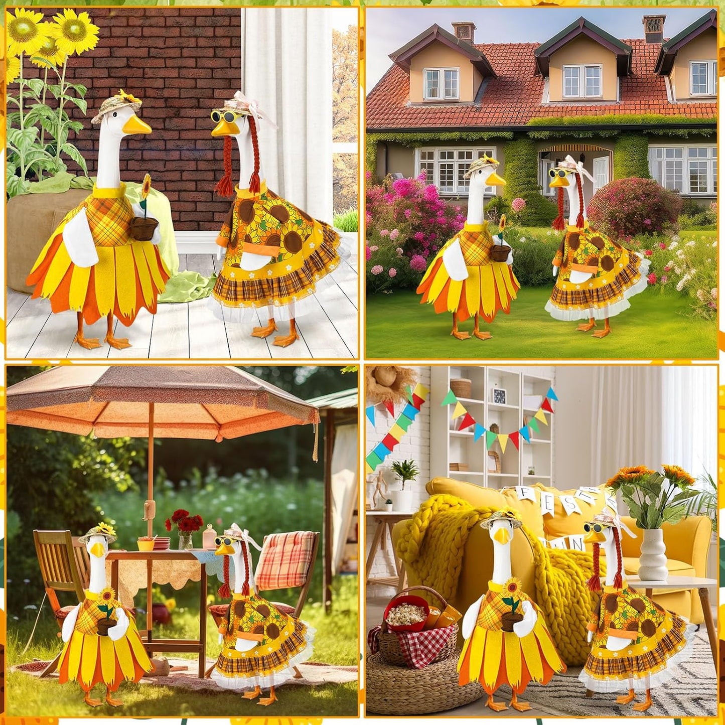 Abbylike 2 Set Fall Sunflower Porch Goose Outfit Sunflower Lawn Goose Costume 23'' Cement for Autumn Thanksgiving Yard Decor