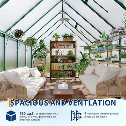 8'X12' Aluminum-Framed Polycarbonate Greenhouse, Heavy Duty Polycarbonate Greenhouse with Quick Setup Structure and Roof Vent, Large Enhanced Aluminum Greenhouses Kit for Outdoors