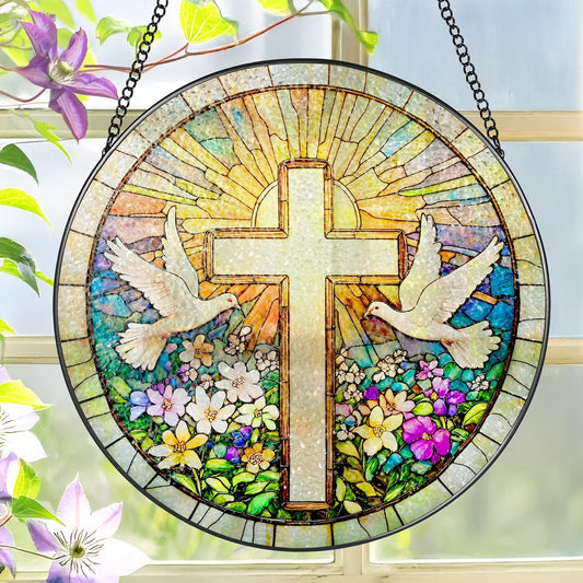 Cross and Wildflowers Stained Glass Suncatcher, 8 Inch Christian Stained Glass Windows Hanging