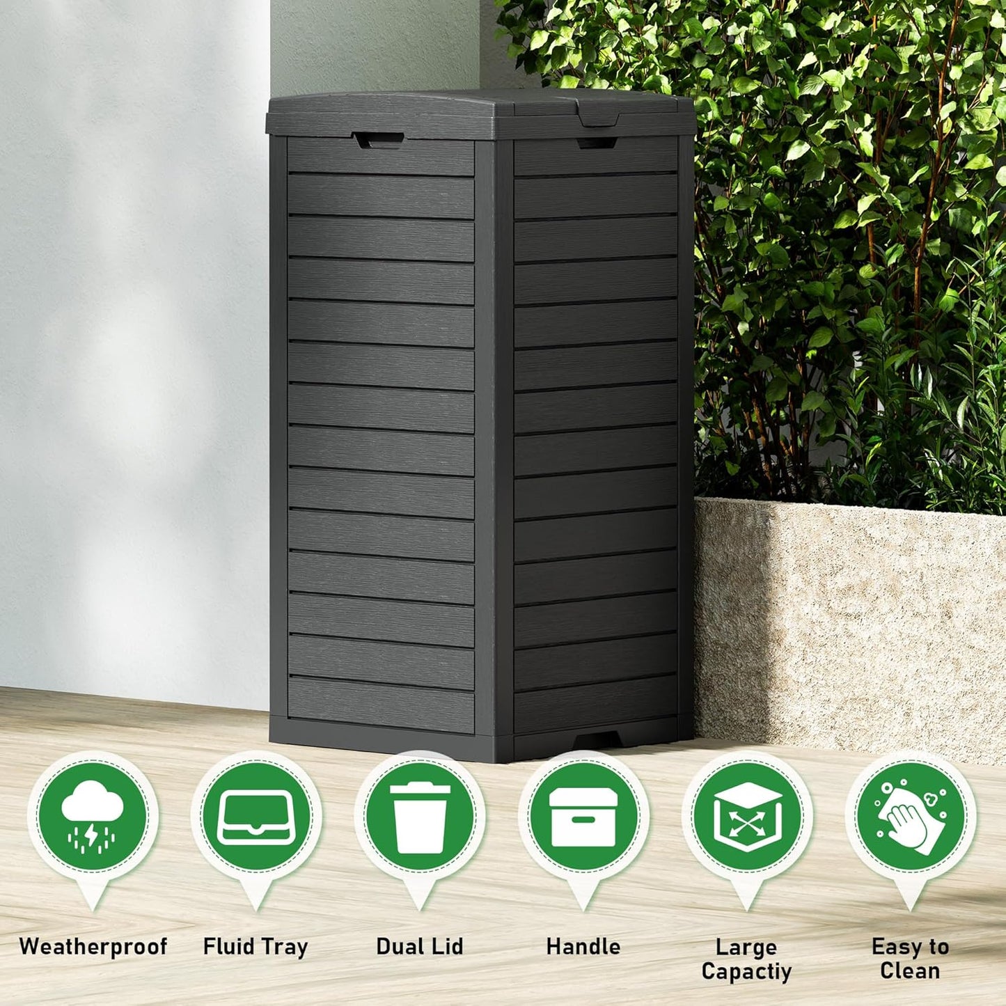 31 Gallon Outdoor Trash Can, Waterproof Resin Garbage Can with Lid and Drip Tray Easy Cleaning Kitchen Waste Bin Patio Waste Bin for Garden, Backyard, Deck and Office, Black