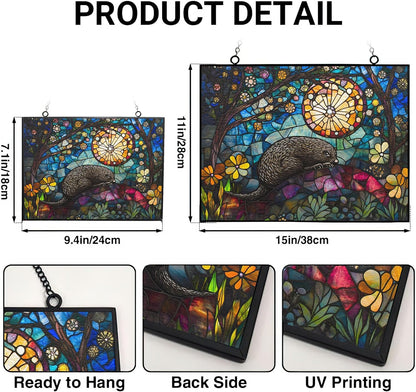 Customized Rectangle Boho Mole Stargazing Suncatchers for Windows, Stained Glass Window Hangings,Hand-Painted Glass Panel Perfect for Home Décor