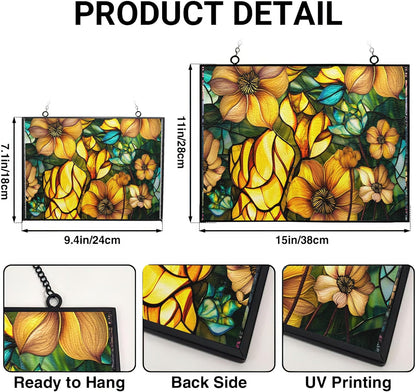 Rectangle Sun Lotus Stained Glass Suncatcher Window Hangings, Suncatchers Colorful Glass Panel Sun Catchers Gifts, Decoration for Home Garden Christmas Party Wedding