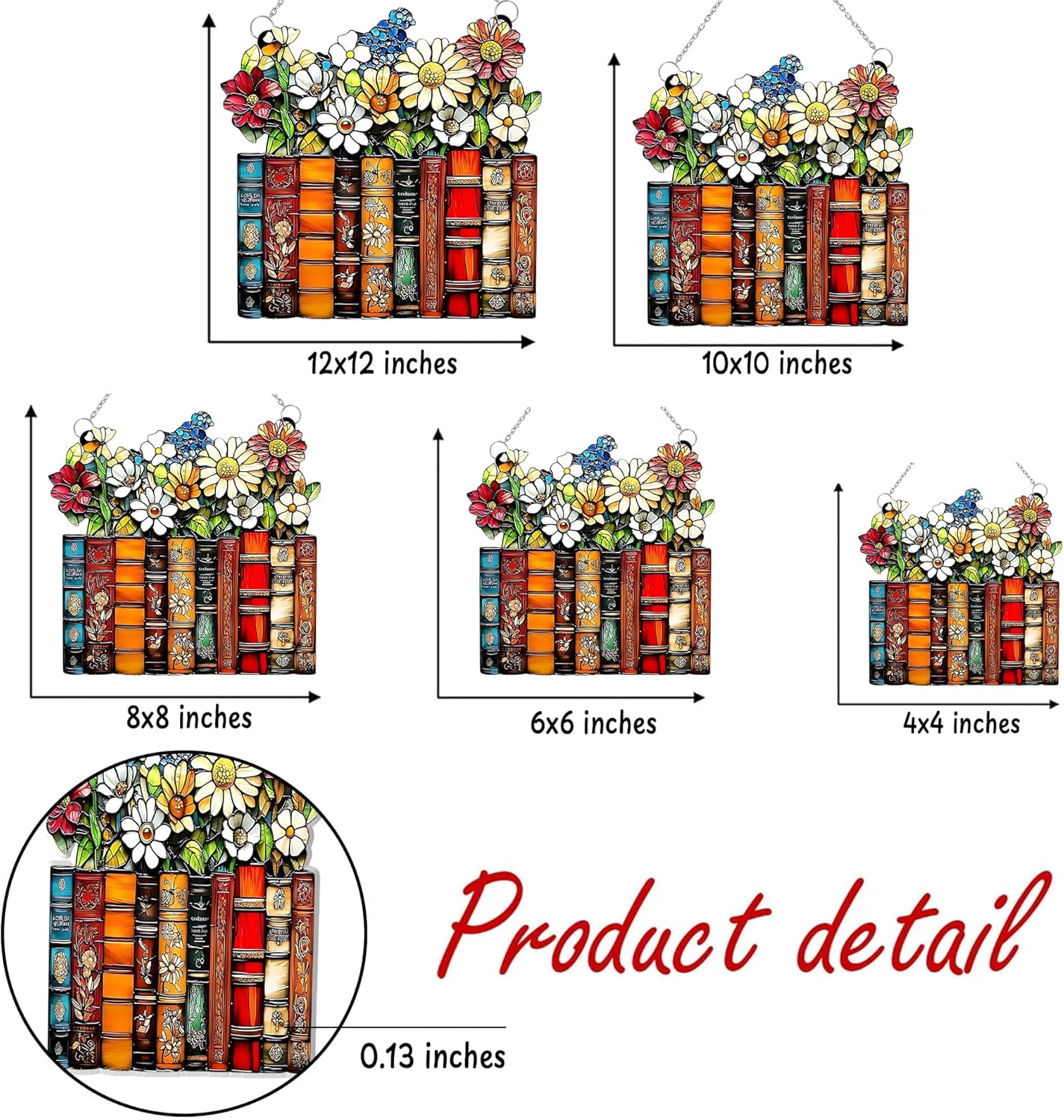 Floral Books Acrylic Suncatcher Stained Glass Effect Window Car Hanging Christmas Ornament Indoor Outdoor Decor Garden Bookworm Sun Catcher Gifts for Bookish Lover for Women Mom Grandma