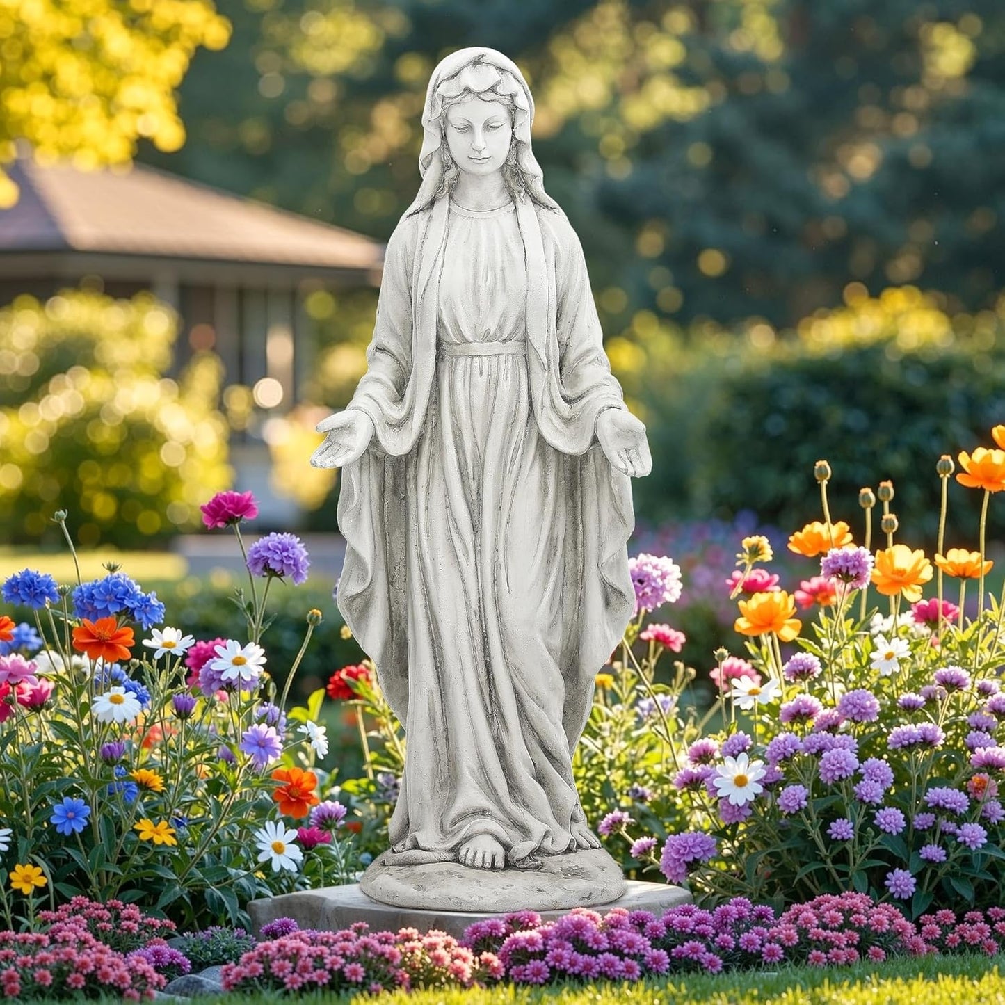 Virgin Mary Statue for Outdoor, Large 30 Inch Garden Sculpture Made of Durable Magnesium Oxide Stone, Religious Lawn Art for Yard,Patio, Finish for Peaceful Blessings Antique White