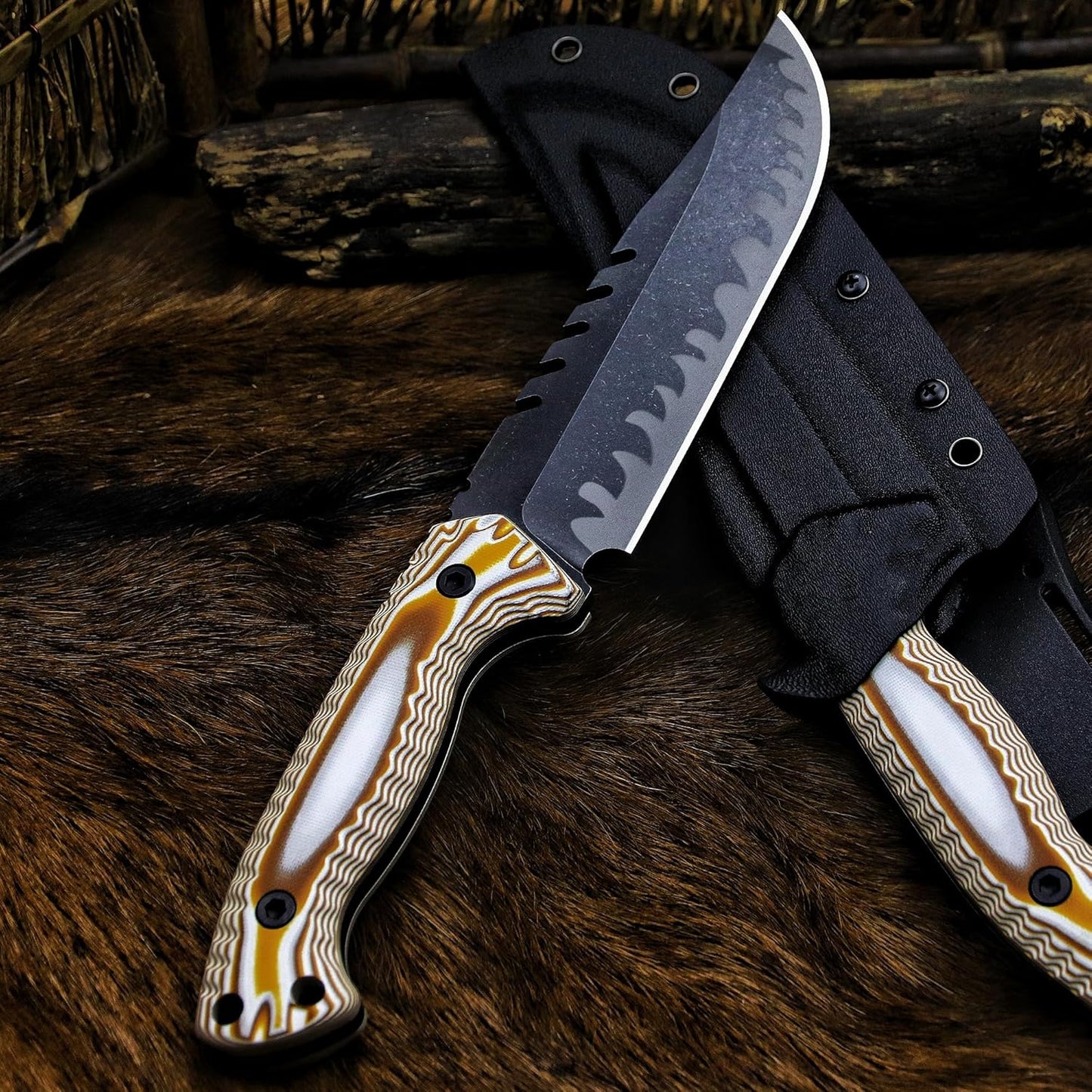 BA-KOR 12.4in Full Tang Fixed Blade Hunting Knife – 6mm 9CR18MoV Steel, G10 Handle, Stonewashed Sawback Blade with Kydex Sheath & Fire Starter for Outdoor, Camping, Survival (White and brown stripes)