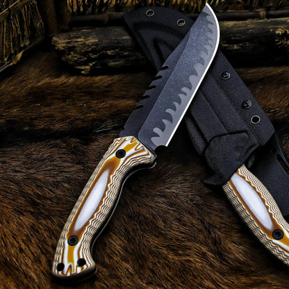 BA-KOR 12.4in Full Tang Fixed Blade Hunting Knife – 6mm 9CR18MoV Steel, G10 Handle, Stonewashed Sawback Blade with Kydex Sheath & Fire Starter for Outdoor, Camping, Survival (White and brown stripes)
