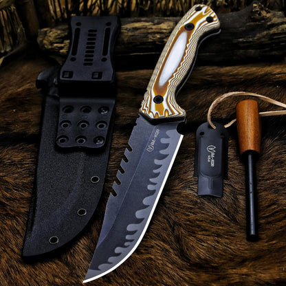 BA-KOR 12.4in Full Tang Fixed Blade Hunting Knife – 6mm 9CR18MoV Steel, G10 Handle, Stonewashed Sawback Blade with Kydex Sheath & Fire Starter for Outdoor, Camping, Survival (White and brown stripes)