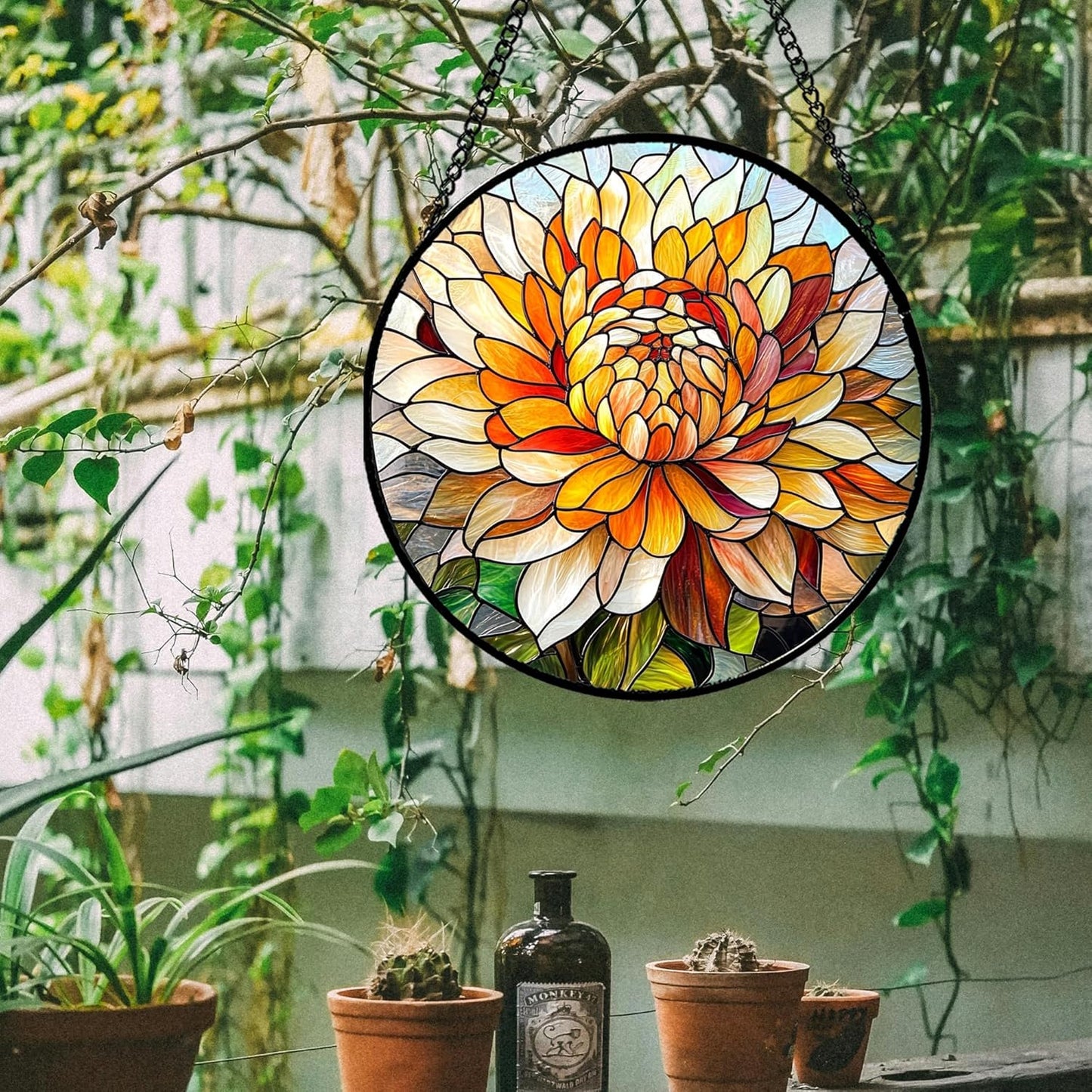 Stained Glass Window Hanging - Chrysanthemum Suncatcher for Doors Garden Patio Birth Flowers Sun Catchers Decor Christmas Mother's Day Birthday Gifts for Women Men Mom Nana Friend 6.3 in