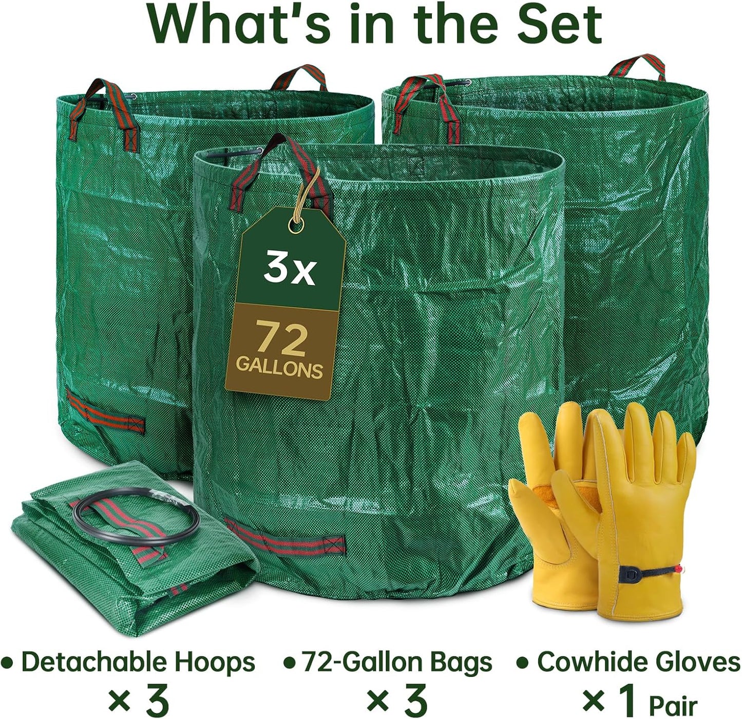 3-Pack 72 Gallon Self-Standing Yard Waste Bags with Cowhide Gloves — Heavy-Duty 150 GSM Woven PE, Double-Layer Reinforced Bottom, Four Handles, Reusable Leaf Bags for Lawn & Garden