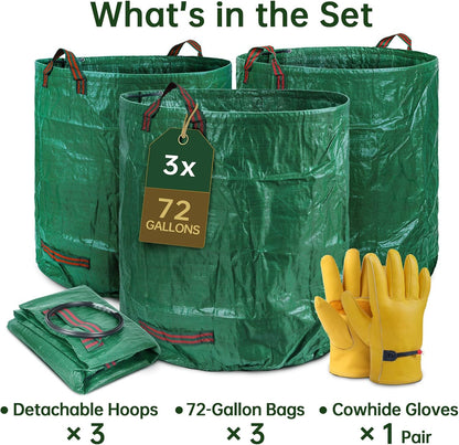 3-Pack 72 Gallon Self-Standing Yard Waste Bags with Cowhide Gloves — Heavy-Duty 150 GSM Woven PE, Double-Layer Reinforced Bottom, Four Handles, Reusable Leaf Bags for Lawn & Garden
