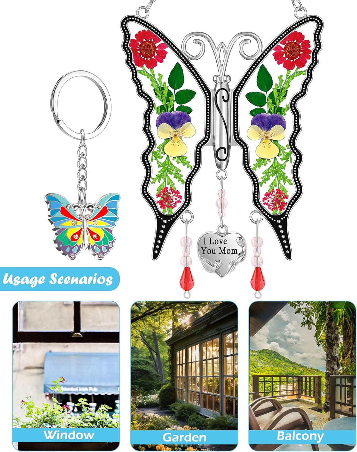 KY&BOSAM Gifts for Mom Suncatcher Butterfly I Love You Mom Stained Glass Sun Catcher Hanging Wind Chime Ornament for Window Pressed Flowers Between Wings with Heart Charm Gift for Women Mother`s Day