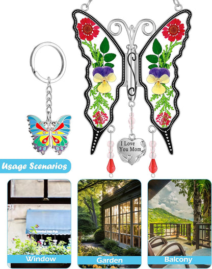 KY&BOSAM Gifts for Mom Suncatcher Butterfly I Love You Mom Stained Glass Sun Catcher Hanging Wind Chime Ornament for Window Pressed Flowers Between Wings with Heart Charm Gift for Women Mother`s Day