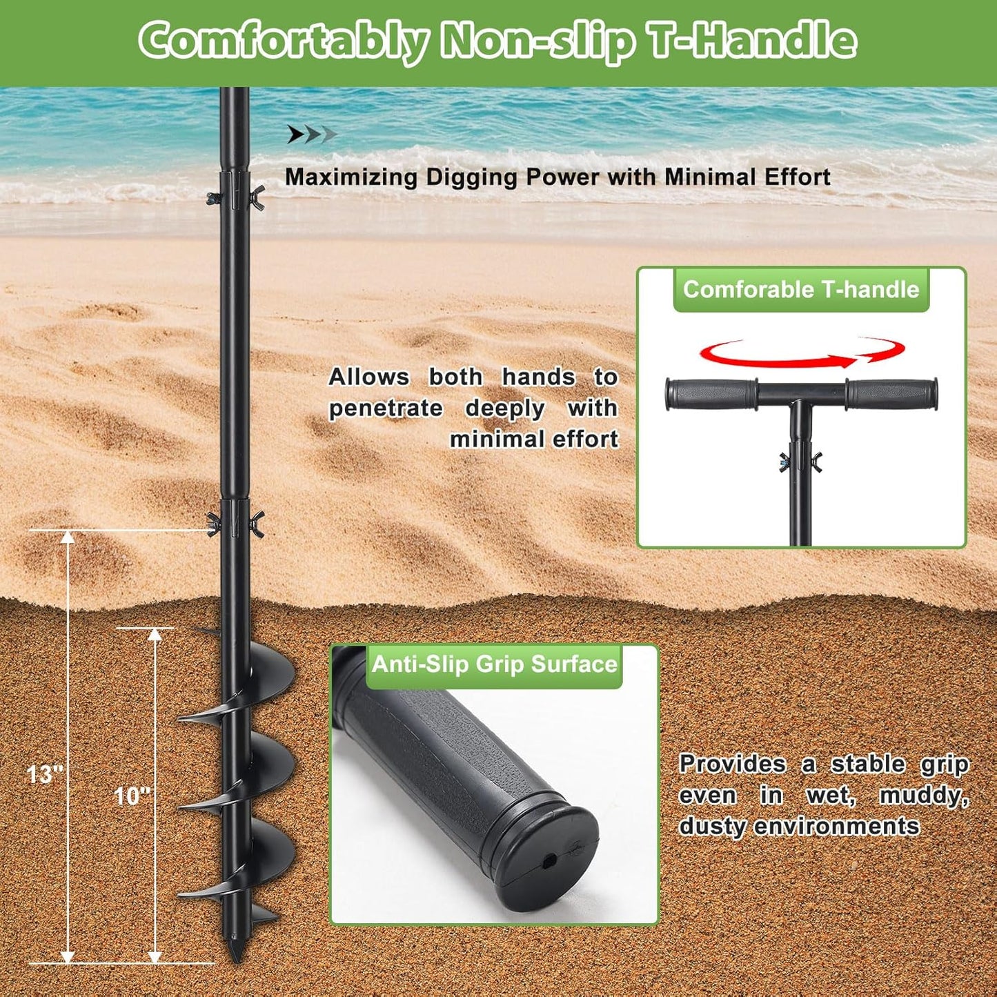 Post Hole Digger, Hand Auger Spiral Drill for Planting, 38 Inch Long Post Hole Digger Manual Earth Auger for Fence Posts, Sand, Bulb, Seedlings, Tree, Mail Box, Non Slip T Handle