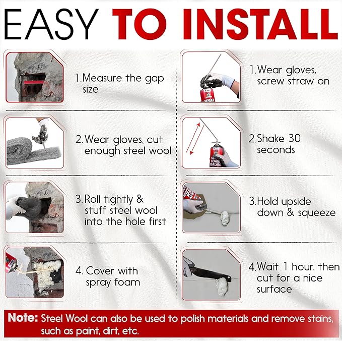 Rodent Barrier Kit, 3PCS Steel Wool Included PU Foam Hole Filler, 3.2"x7.5’ Steel Wool for Mice Control, Rodent Control Fill Fabric, Gloves, Scissors, Gap Blocker in Hole Pipeline Vent in House Garage