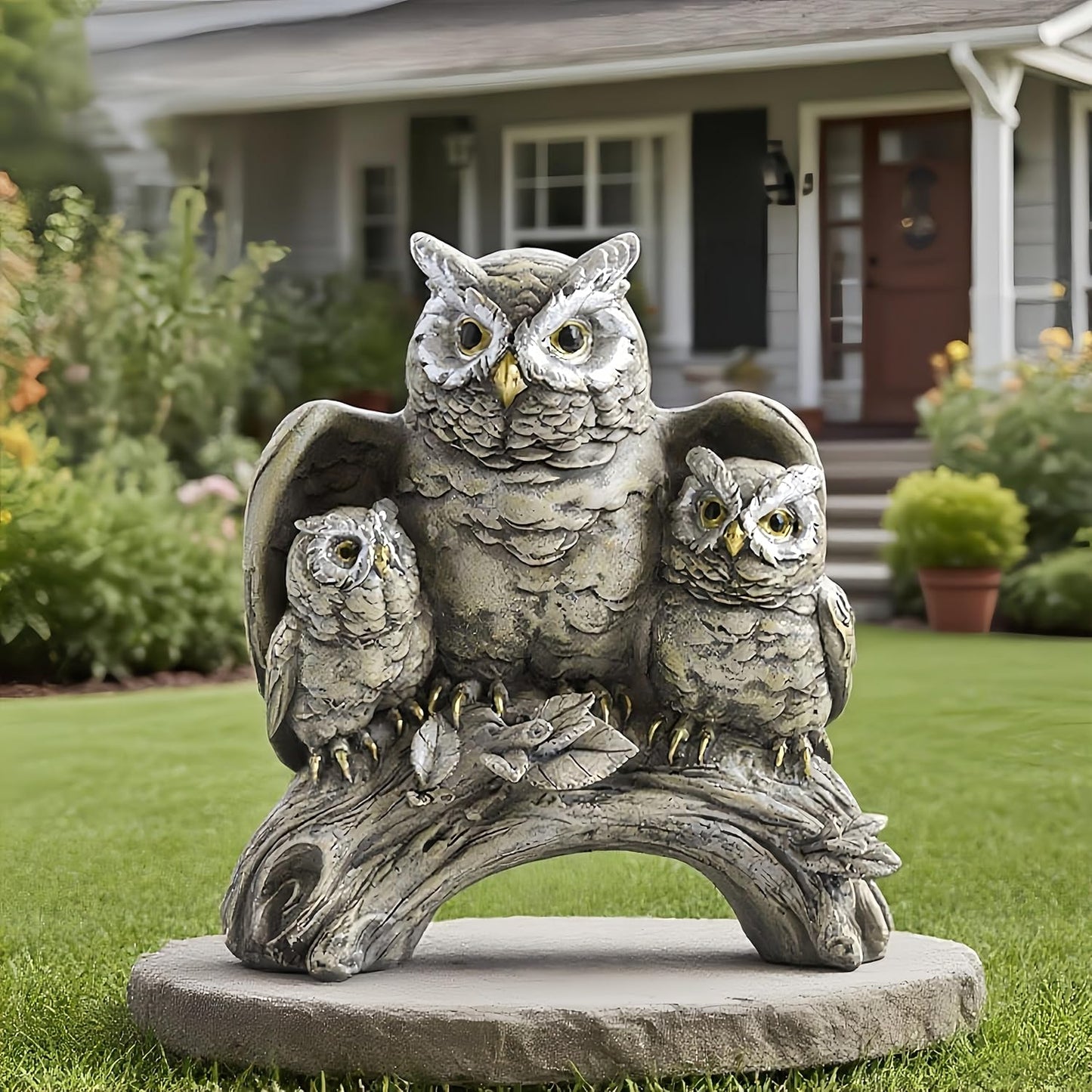 Resin Owl Statue with Spread Wings - Outdoor Garden, Patio, Office Decor Figurine: Family Parent & Two Baby Owls on Base (Grey-Black)