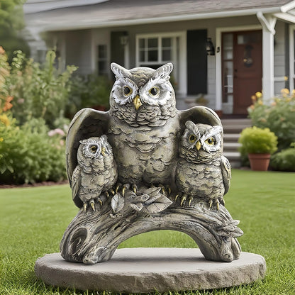 Resin Owl Statue with Spread Wings - Outdoor Garden, Patio, Office Decor Figurine: Family Parent & Two Baby Owls on Base (Grey-Black)