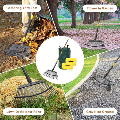 Leaf Rake 18” Wide Heavy Duty Metal 25 Tines Garden Rake Set with 30-75” Adjustable Long Handle for Yard Grass Shrub Mulch Including 32Gallon Garden Bag Leaf Scoops
